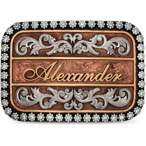 A custom men's belt buckle with personalized name built on a copper hand engraved base adorned with silver scrolls and berries 